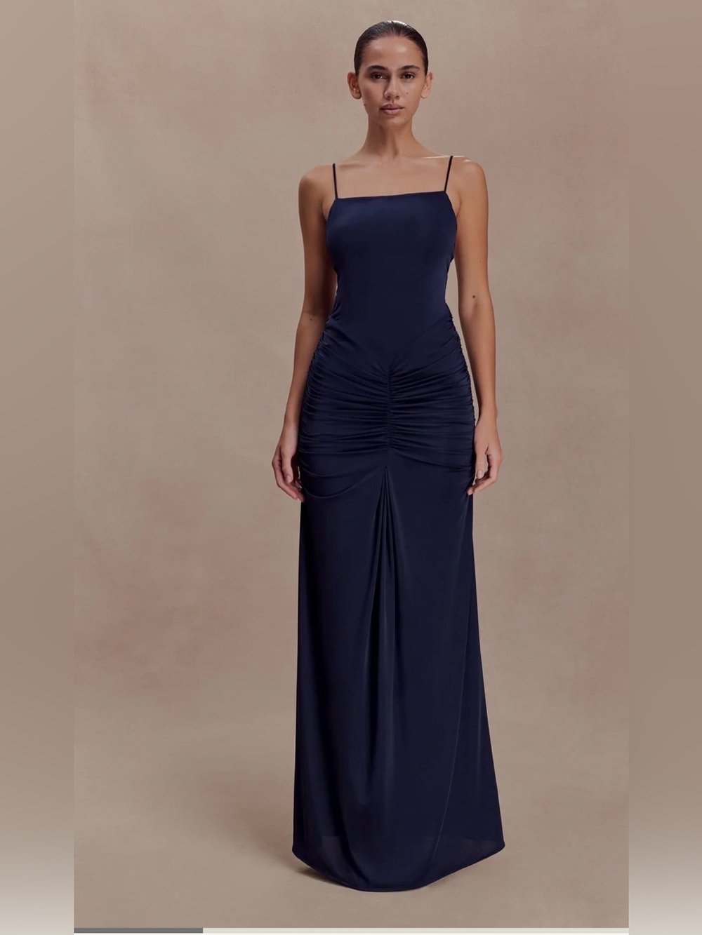 Meshki ruched cowl square neckline spaghetti straps blue dress size S